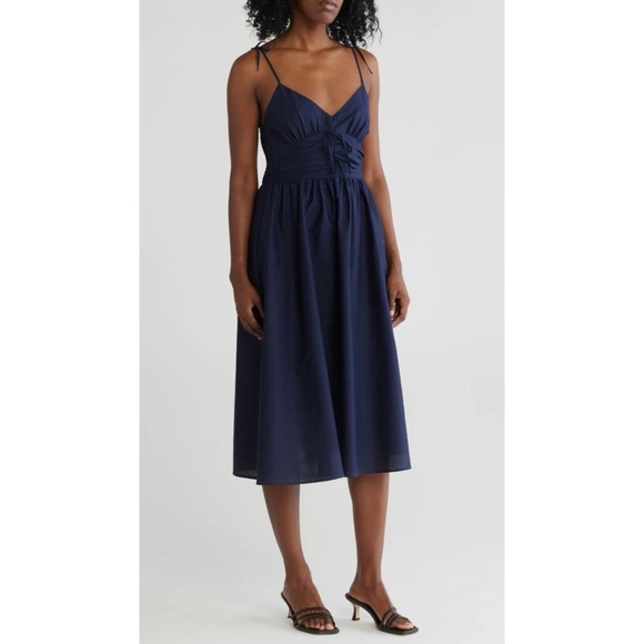NWT Steve Madden Tie Strap Poplin Midi Dress Marine Navy Blue - Size Medium - Picture 3 of 10